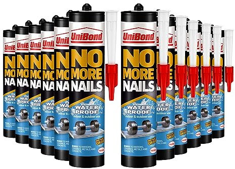 UniBond No More Nails Waterproof, Heavy-Duty Mounting Adhesive, Strong Glue for Mirrors, Wood, Ceramic, Metal etc., Instant Grab Adhesive Indoor & Outdoor, Bulk Buy 12 Pack
