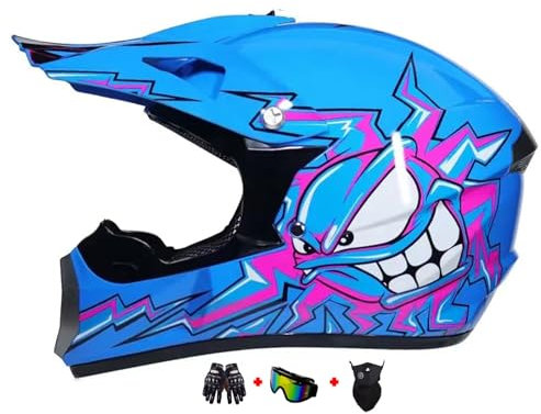 Motocross Fullface MTB Helm für Kinder und Herren - ABS-Schale, Dirt Bike, ATV Motorrad, MX Enduro, Downhill - Mit Handschuhe, Maske, Brille (Farbe: Blau)