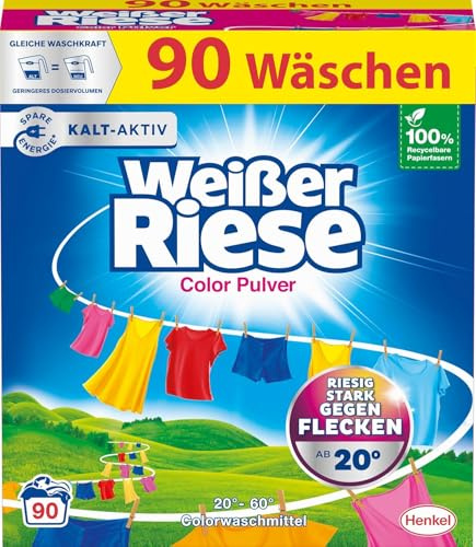 Weißer Riese Color Pulver (90 Waschladungen), Colorwaschmittel wirkt riesig stark gegen Flecken, Kalt-Aktiv schon ab 20° C, ergiebiges Waschpulver, ideal für Familien mit Kindern