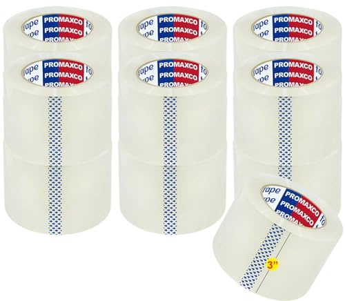 PROMAXCO 3 Heavy Duty Packing Tape, 12 Rolls, Clear, 3 Core, Total 660Y, Clear, 2.2 mil, 3 inch x 55 Yards, Refill for Packaging and Shipping(3 in Width)