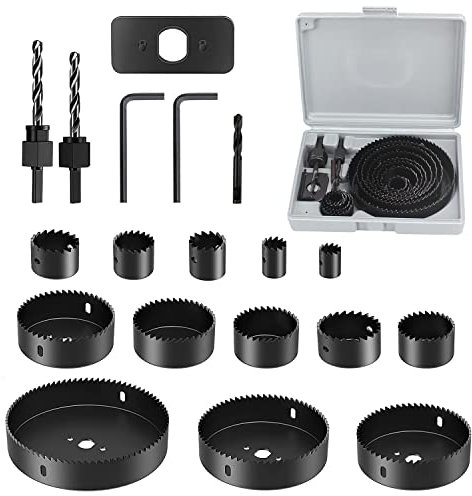 19 Stück Lochsäge Set, Sägeblattgröße 19-127 mm, mit Sechskantschlüssel, Gestänge, Montageplatte und Bohrer Lochsägen Set, für Bohren von Löchern in Edelstahl, Leichtmetall, Holz, PVC, Kunststoff
