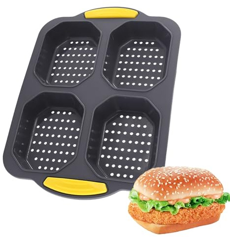 Holzsammlung Plaque à Buns pour Burgers en Silicone, 4 Cavités Moule à Muffins Pâtisserie Antiadhésif, Cuisson Réutilisables en Silicone Moule à Petits Pains pour Cupcakes, Brownies, Tartelettes