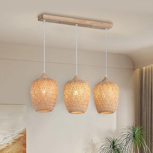 HEYUN Lámpara De Ratán Retro Rústico Lámpara De Techo Boho Lámpara Colgante De Bambú De Casa De Campo Lampara Mimbre Colgante De Madera 3 Luces Con Pantalla De Ratán Para Comedor Salón Cocina Bar