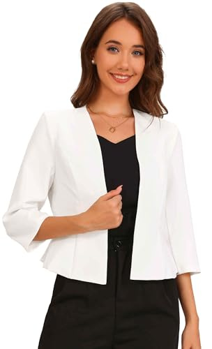 Allegra K Blazer Court Élégant Femme Costume d'affaire Basque à Manches 3/4 Ouvert sur Le Devant Veste Cintrée de Bureau Blanc XL