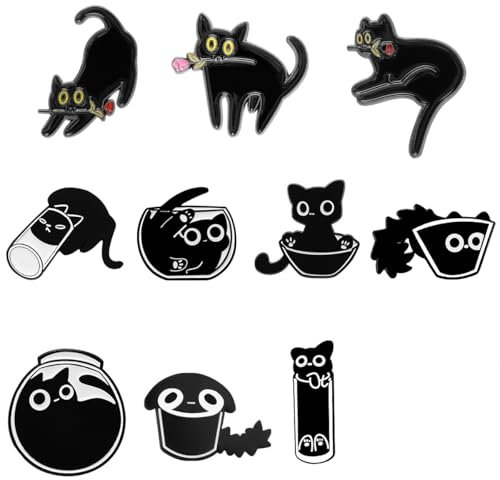 Lot de 10 Broches en émail Noir en Forme de Chat pour Chapeaux, Pulls, Manteaux, sacs à Dos, Cadeau pour Les Amis des Enfants, Métal