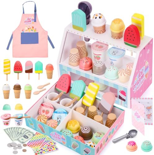 WIKITOT Ice Cream Toys for Kids, 47 Pieces Wooden Ice Cream Cart Role Play Toys for 3 to 7 Year Old Girls Boys Bithday Gifts