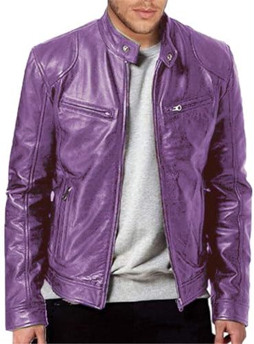 SAUTRV Chaqueta de piel sintética con cremallera para hombre, para otoño e invierno, con cuello alto, de manga larga, increíblemente ligera, Morado (, M