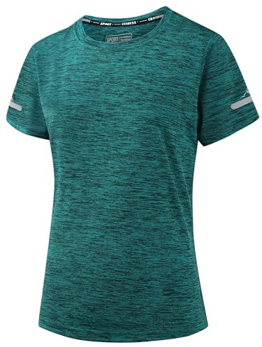 Peakwell Damen Sportshirt Atmungsaktiv T-Shirts Top Kurzarm Laufshirts Funktionsshirts Sport Oberteile (Smaragdgrün, L)