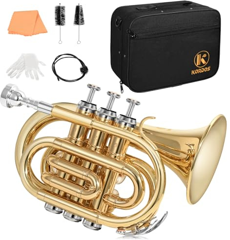 KORDOS Pocket Trumpet B Flat Quality Brass Bb Mini Trumpet with 7C Mouthpiece, Cleaning Kit, Gloves, Hard Case for Beginners, Students, Travelers and Professionals, Gold Lacquer