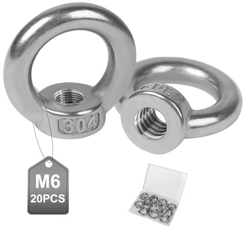 EXLECO 20 Piezas Tuerca de Anillo M6 Tuerca de Ojo de Acero Inoxidable Tuerca Anular Tuerca De Ojo De Elevación Anillo de Elevación Hembra para Montaje con Cuerda y Fijar, Accesorios de Elevación
