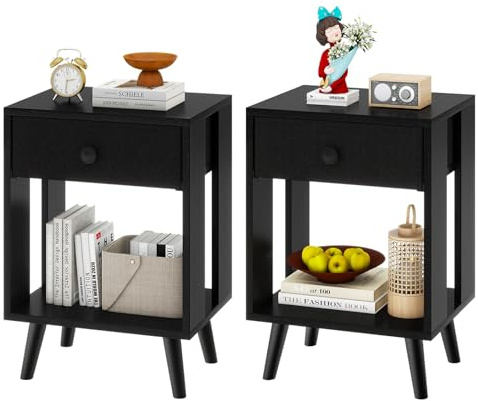 YMYNY Comodini, Set di 2, Tavolino da Notte, Tavolino Salotto, Cassetto in tessuto, Scomparto Aperto, Moderno, Struttura Semplice, per Camera da Letto, Soggiorno, Nero HST012B-2