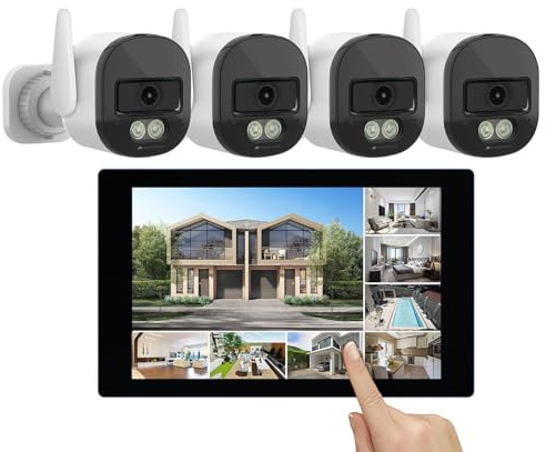 VisorTech Funk Überwachungssystem: WLAN-6-Überwachungsrekorder, 10,1-Touchscreen-Monitor, 4 Kameras (IR-Überwachungskamera, Funk Überwachungskamera Sets, aussen)