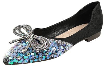 Ballet Flats for Women Flat Wedding Shoes Classic Princess Party Shoes Glitter Ballet Flat Pointed Toe Ballerina Comfortable Flat Shoes Non-Slip Soft Shoes, black, 4 UK