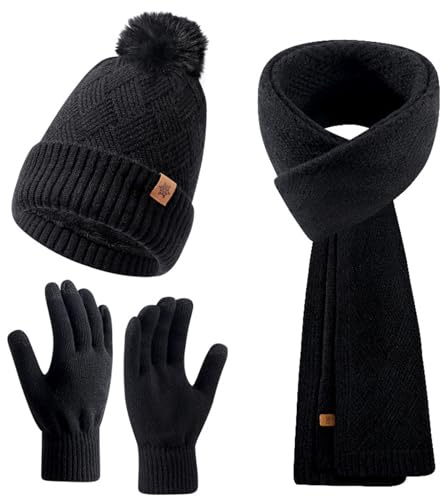 Enwokran Guanti Sciarpa Cappello Set Berretto Pom Beanie Lavorato a Maglia da Donna Guanto Touch Screen Sciarpa Lunga 3 in 1 Inverno Freddo Set Regalo per Donne Ragazze (Nero)