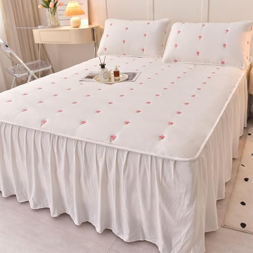 Aotiwe Spannbetttücher Weich, Fitted Sheet Warm Beige Weiß Gesticktes Blumenmuster Gewaschene Baumwolle mit 2 Kissenbezügen 150x200x48cm