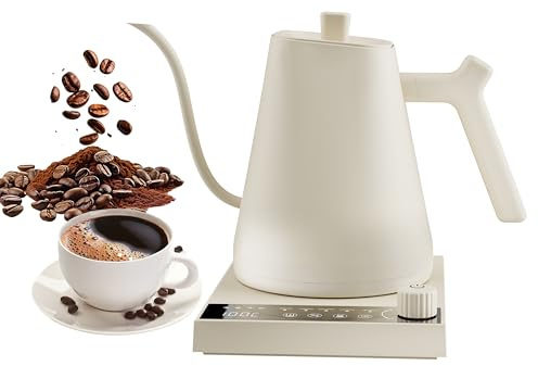 VAMBRIZO Electric Gooseneck Kettle, 600ml Pour Over Coffee Kettle with Temperature Control, 1000W Fast Boil, 5 Preset Temperatures for Coffee & Tea, 304 Stainless Steel, White VGHW60