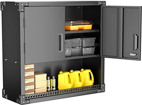 Livoverse Armoire à outils suspendue en métal avec 2 portes et rangement ouvert, armoire suspendue pour garage, armoire d'atelier, montage nécessaire, noire