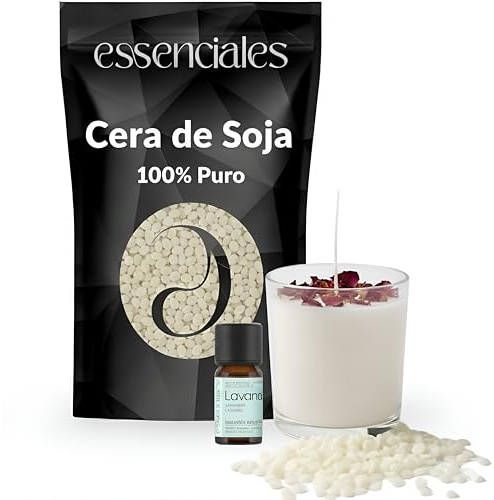 Cera de Soja para velas 100% puro y sin Petróleo - Regalo único Pack iniciación con Aceite Esencial de Lavanda 10ml - Incluye petalos de Rosa para decoración - 250g