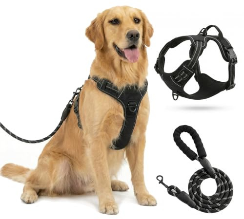 Harnais pour Chien sans tracas - Accessoire pour Chien Réfléchissant - Gilet rembourré et Doux，Gilet Réfléchissant Réglable avec Attache，Noir,L.