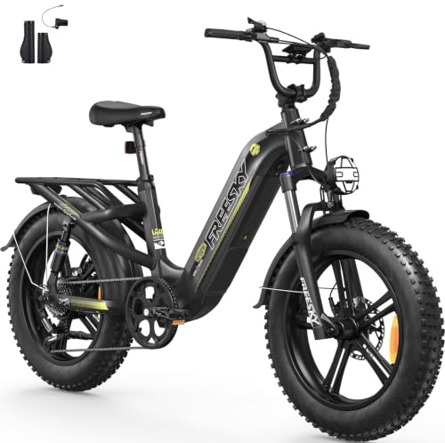 FREESKY 2026 Rocky Pro Step-Thru Commuter Electric Bike for Adults, 105 Mile Long Range with Torque Sensor & 48V 25Ah Battery, 20 Full Suspension Cargo Ebike, 8-Speeds Ebike for Women/Men