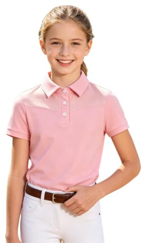 Moggemol Kids Girls Equestrian Shirt Half Zip Riding Top Short Sleeve T-Shirt Moisture Wicking for Horse Show Pink 13-14 Years