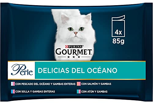 GOURMET Perle Delicias del Océano, Comida Húmeda para Gato Adulto, Trocitos en Salsa, Surtido de Pescado del Océano y Gambas Enteras, Salmón y Atún, 12 Packs de 4 Sobres de 85 g. (48 Sobres)