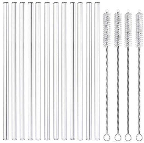 MIXIAO Glas Strohhalme 21.5 cm Transparent Trinkhalm - 12 Stück gerade - Wiederverwendbare Glas Trinkhalme + 4 Reinigungsbürste LFGB Zertifizierung
