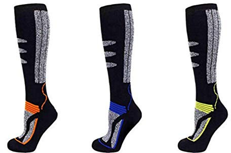 PistenSauser 3 Paar Thermo Kinder Skisocken, Ski Kniestrümpfe mit gepolsterten Funktionsbereichen und zusätzlicher Garantie (Orange/Blau/Gelb, 23-26)