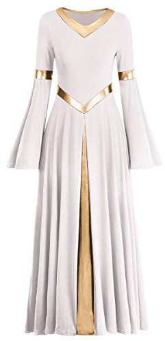 IMEKIS Vestito Donna Liturgico da Lode Splice Metallico Abiti da Danza Lirica Manica Lunga Scollo a V Casual Gonna Plissettata a Campana Abiti da Chiesa Culto Preghiera Costume da Ballo da Sala