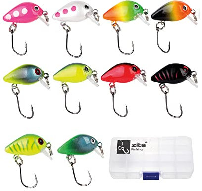 Zite Fishing Mini-Wobbler Set Neon - 10 Ultra-Light Kunst-Köder Box - Einzelhaken Barsch Forellen-Wobbler 2,8cm