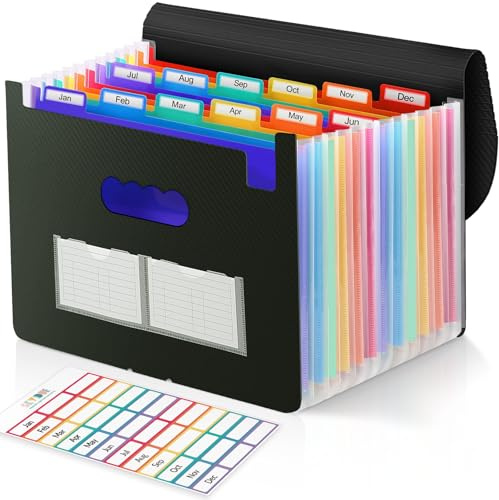 SKYDUE Accordion File Organizer, 12 Pockets File Folders, Letter Size Expanding File Folder with Colored Tabs and Expandable Cover, Portable Bill Receipt Organizer Black