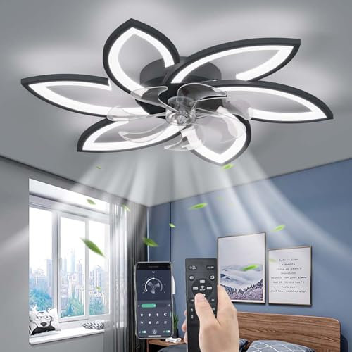 YUNZI Sourdine Ventilateur de Plafond avec lumière avec télécommande, LED Dimmable Lampe de Plafond Moderne Ventilateur de Plafond pour Salon Chambre à Coucher, Réglable 6 Vitesses, Noir 78CM