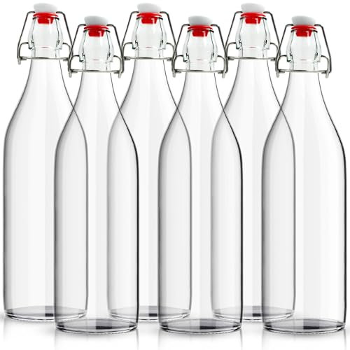 volila Glass Bottles with Stoppers - 1000ml Clear Swing Top Bottle for Homebrewing and Beverages - 1L Flip Top Bottles with Leak Proof Caps, Labels, Pen and Funnel (6 Pack)