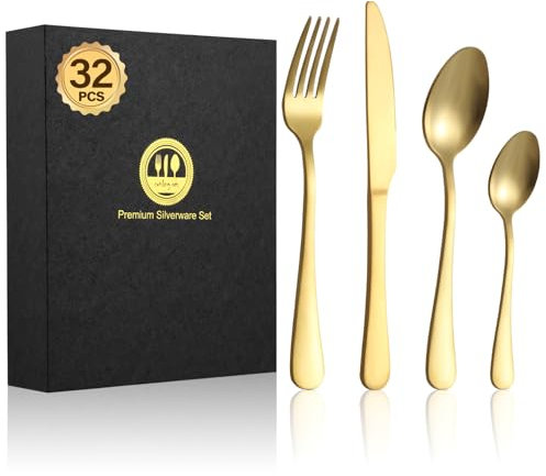 BEWOS 32-Piece Stainless Steel Cutlery Set, Matt Gold Knives and Forks Set,