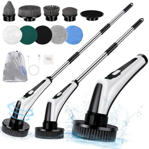 Elektrische Reinigungsbürste, Homtronics Elektrische Putzbürste, Electric Spin Scrubber Schnurlos mit Verstellbarer Langgriff und Bohrbürstenköpfen, Reinigungsbürste Elektrisch für Bad Küche Auto