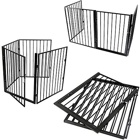 Barrera de seguridad de 240 cm, rejilla cortafuegos para chimenea, barrera para escaleras infantil/perro, cuatro barras de puerta, plegable (negro, 240 x 2,5 x 75 cm)