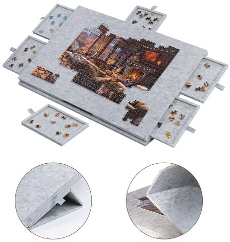 LAVIEVERT Tilting Puzzle Board Age 12+ with 2-in-1 Designed Stand & Cover, Lightweight Felt Jigsaw Storage with 6 Drawers for Adults and Kids, Portable Jigsaw Puzzle Table 1000 Pieces - Light Gray