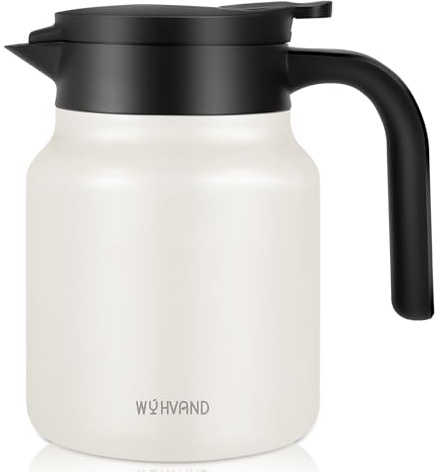 WYHVAND 34oz Thermal Coffee Carafe for Home & Office, 12H Hot Insulated Pitcher with Drip-Free V-Spout and Easy Clean 2.75 Wide Mouth, Cream