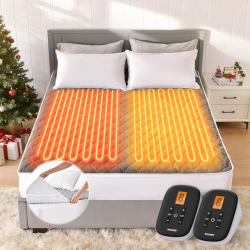 WOOMER Heated Mattress Pad Queen Dual Control - 60x80 Electric Mattress Pad, 1-10 Heat Settings, 0.5-12H Auto Shut-Off, Removable Velvet Cover, 18 Deep Pocket, ETL Certified, Grey