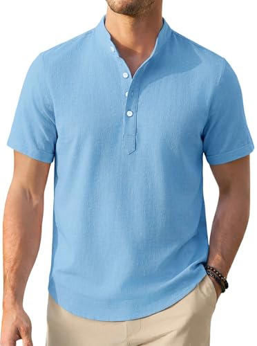 Enlision Collarless Shirt for Men Short Sleeve Blue Grandad Collar Shirt Summer Casual Beach Holiday Henley T-Shirts 3XL