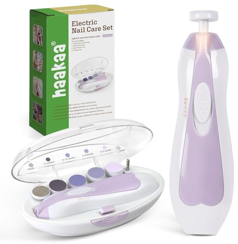 haakaa Kit eléctrico de lima de uñas para bebé con luz LED, cortaúñas para recién nacidos/bebés/adultos, uñas de los pies y las manos, 6 cabezales de repuesto y estuche de almacenamiento, lavanda