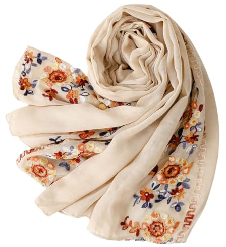 MINIDORA Soft Lightweight Scarves for Women Floral Embroidered Shawls for Holiday Summer Travel Wraps Extra Large Style 2-Beige