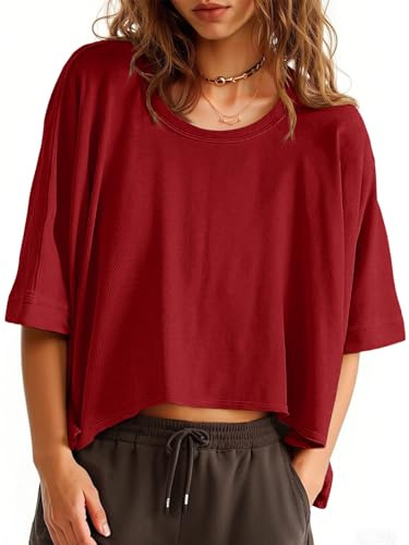 Cicy Bell T-Shirt Oversize da Donna Crop Top Girocollo Top a Maniche Corte Camicia Sportiva Estiva, Rosso Vivo, S