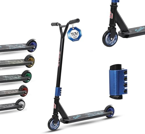 Habib Gruppe TÜV-geprüfter Stunt Scooter 360° Lenkung – Trick Roller für Kinder & Erwachsene | 110mm PU alukern Räder, Stuntscooter mit Ständer ABEC 9 Kugellagern | Robust, Leicht, 100kg Max.
