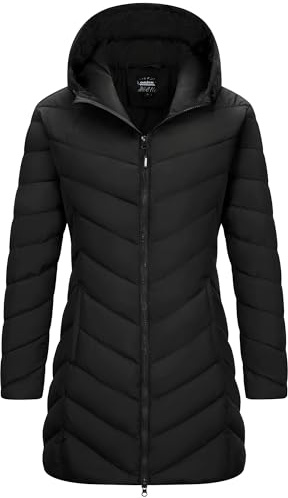 Outdoor Ventures Women's Long Jacket Lightweight Quilted Hooded Coat Insulated Ladies Jacket for Trekking, Climbing & Skiing Black L