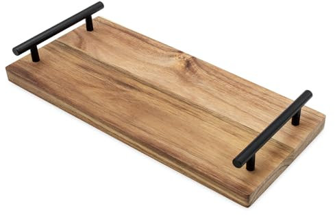Akazienholz Serviertablett lebensmittelecht mit Metall Griffen - 37 x 17 cm - Holz Kerzenbrett rechteckig mit Tragegriffen in schwarz - Servierbrett Servierplatte Tisch Deko Kerzen Tablett