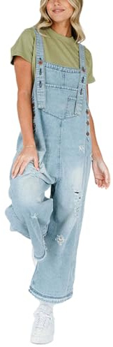 ticticlily Petos Vaqueros Mujer Verano Largos Monos de Mezclilla Pantalones Rotos de Jeans Clásico Mono de Pierna Ancha con Bolsillos Overol Denim Jumpsuit A Azul Claro M