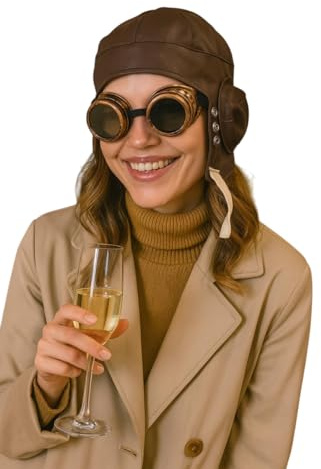 labreeze Adult Punk Goggles and Biggles Pilot Hat Set – WW1 Aviator Fancy Dress Accessories for Men & Women, Retro Flying Cap for Cosplay, Steampunk, Halloween, Themed & Vintage Costume Parties