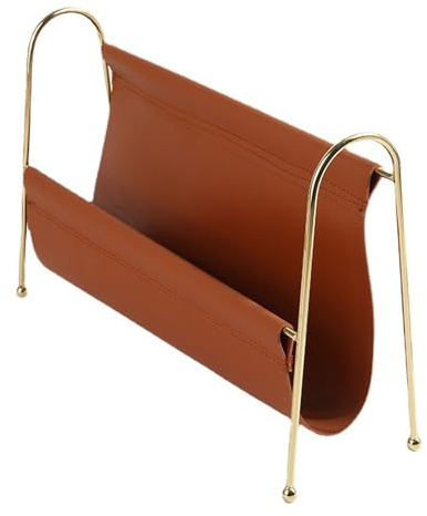 Porte-revues moderne minimaliste – Design en métal marron et cuir, solution de rangement élégante pour la maison et le bureau, 33,5 x 6 x 22,5 cm, élégant nizer pour magazines et journaux