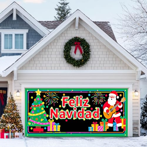 HOMETITUTE Feliz Navidad Bannière de porte de garage 4 x 1,8 m – Toile de fond noire avec sapin de Noël, Père Noël, coffrets cadeaux, feux d'artifice, lumières jaunes pour l'extérieur, cour